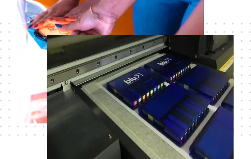 Ilustra&ccedil;&atilde;o sobre o processo de grava&ccedil;&atilde;o UV digital para personaliza&ccedil;&atilde;o de brindes da LCM Brindes.