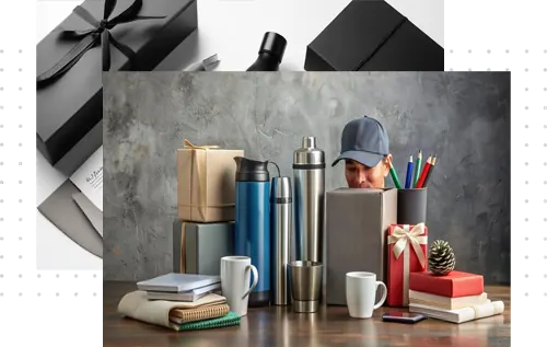 Mesa com garrafas t&eacute;rmicas de inox, canecas brancas, caixas de presente e cadernos, com homem de bon&eacute; ao fundo.