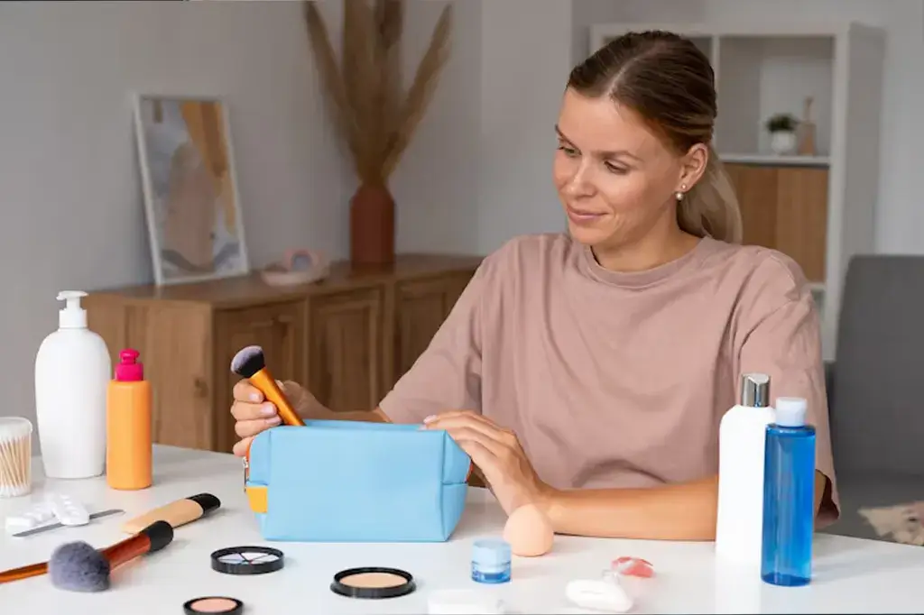 Conjunto de necessaires personalizadas em tecido e material sintético com logotipo em destaque, organizadas sobre bancada com acessórios de uso pessoal.