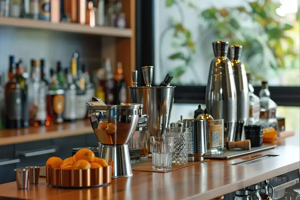Conjunto de utensílios de bar e cozinha em aço inox personalizados com logotipo empresarial, dispostos sobre uma bancada moderna.